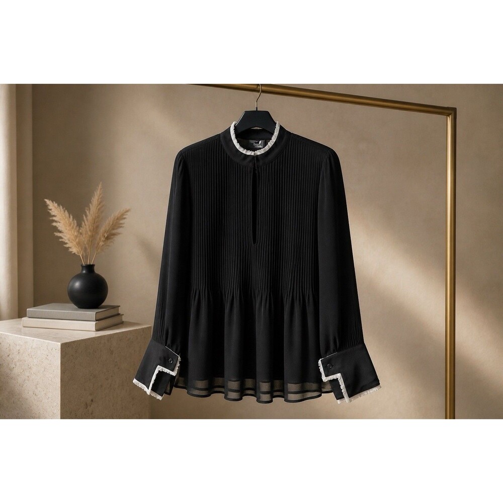 H&M Studio A/W 2017 Women’s Black Pleated Sheer Long Sleeve Blouse Top